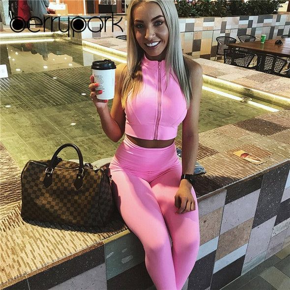BerryPark Tracksuit 2019 Women Zipper Sleeveless Crop Top + Leggings Yoga Sets Gym Wear Fitness Suit Sport Outfit Dropshipping