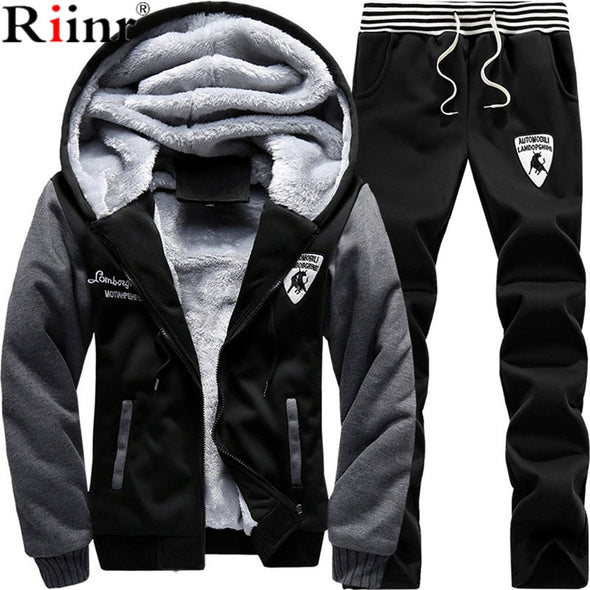 Brand New Men Set Fashion Winter Tracksuits Thick Fleece Lined Hoodies Sweatshirt + Pants Track Suit Mens Sportswear Sweat Suit