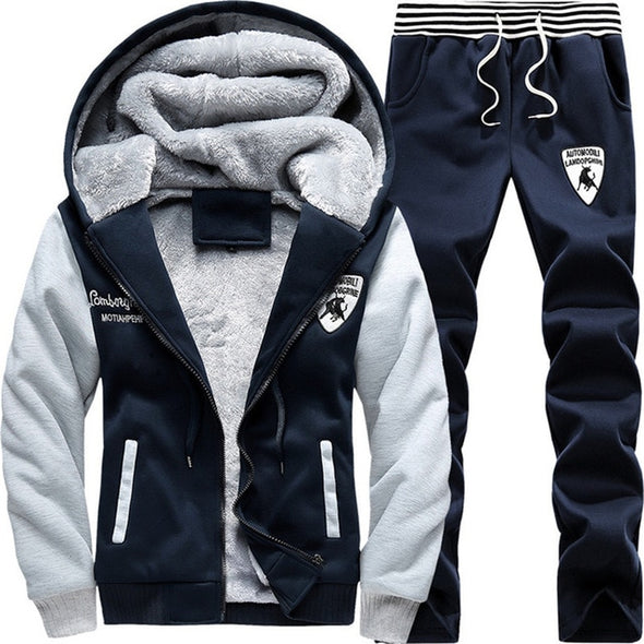 Brand New Men Set Fashion Winter Tracksuits Thick Fleece Lined Hoodies Sweatshirt + Pants Track Suit Mens Sportswear Sweat Suit