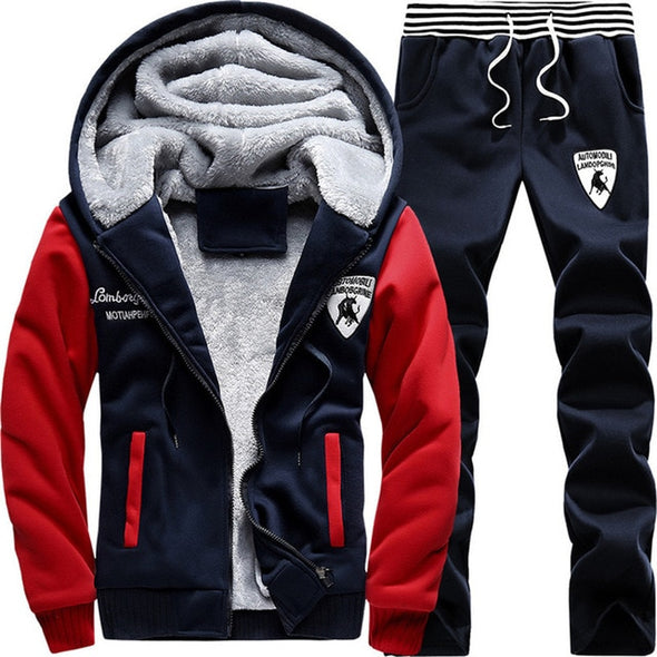 Brand New Men Set Fashion Winter Tracksuits Thick Fleece Lined Hoodies Sweatshirt + Pants Track Suit Mens Sportswear Sweat Suit