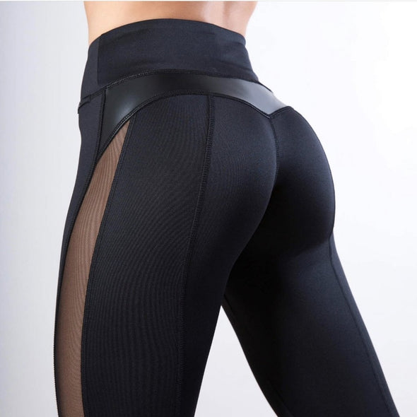 Sexy Mesh Leather Patchwork Bodybuilding Leggings Women High Waist Breathable Fitness Pants Not Transparent Push Up Leggin Black