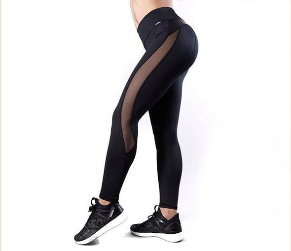 Sexy Mesh Leather Patchwork Bodybuilding Leggings Women High Waist Breathable Fitness Pants Not Transparent Push Up Leggin Black